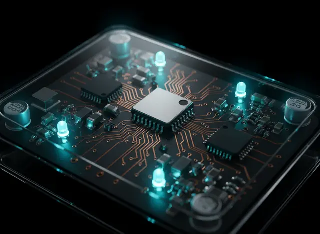 Custom ESP32 circuit board with glowing cyan LEDs